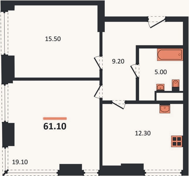 Планировка: 2-к, 61,1 м²