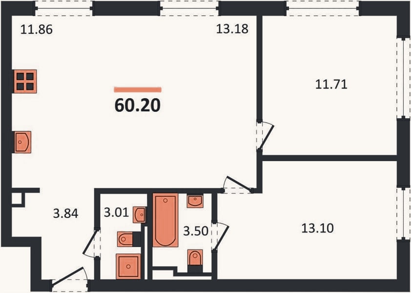 Планировка: 2-к, 60,2 м²