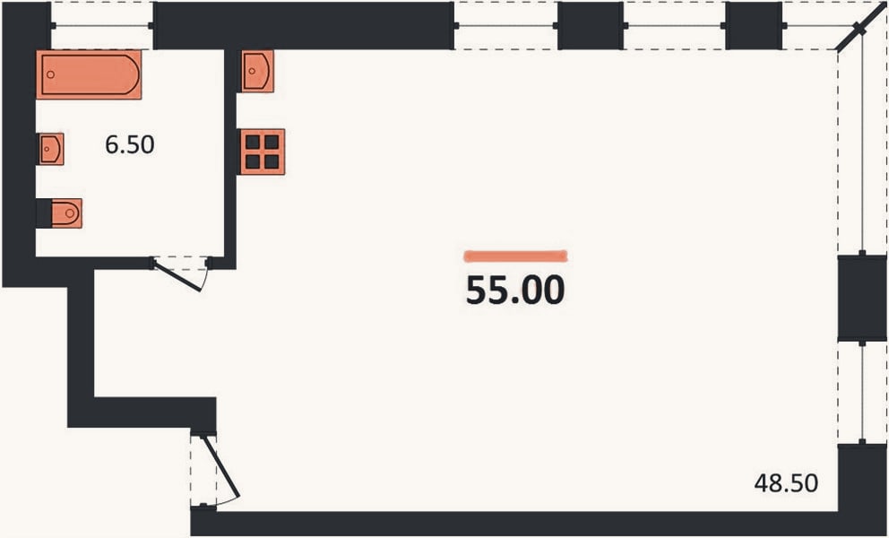 Планировка: Студия, 55 м²