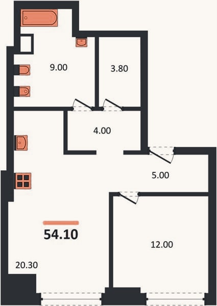 Планировка: 1-к, 54,1 м²