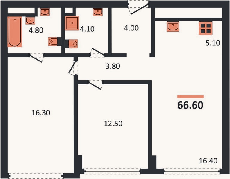 Планировка: 2-к, 66,6 м²
