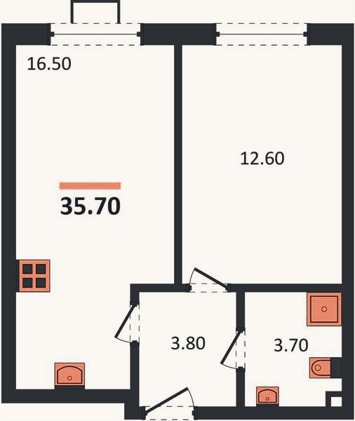 Планировка: 1-к, 35,7 м²