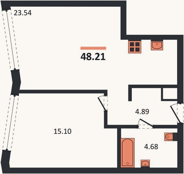 Планировка: 1-к, 48,2 м²