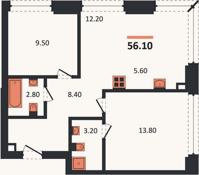 Планировка: 2-к, 56,1 м²