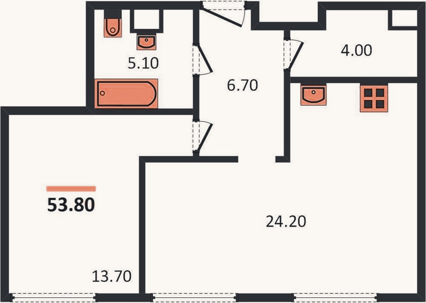Планировка: 1-к, 53,7 м²