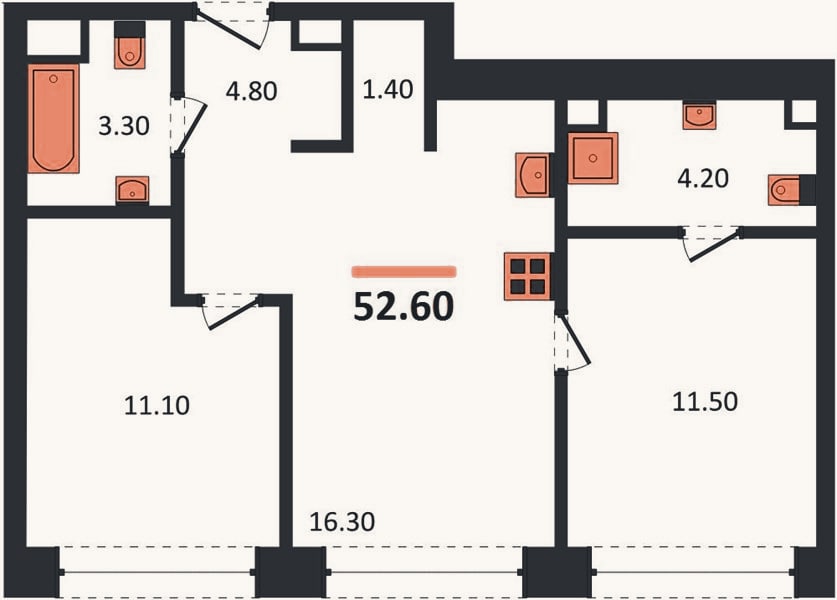 Планировка: 2-к, 52,9 м²