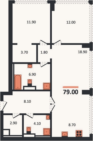 Планировка: 2-к, 79 м²