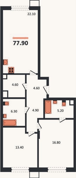 Планировка: 2-к, 77,9 м²