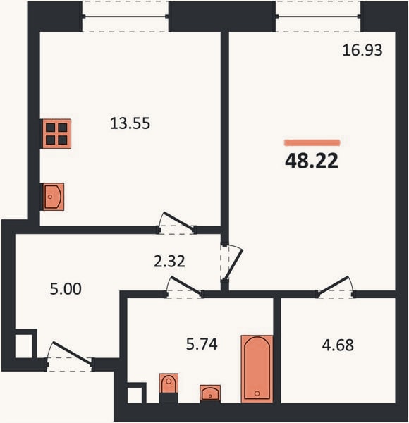 Планировка: 1-к, 48,2 м²