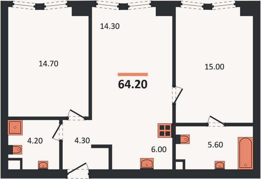 Планировка: 2-к, 64,2 м²