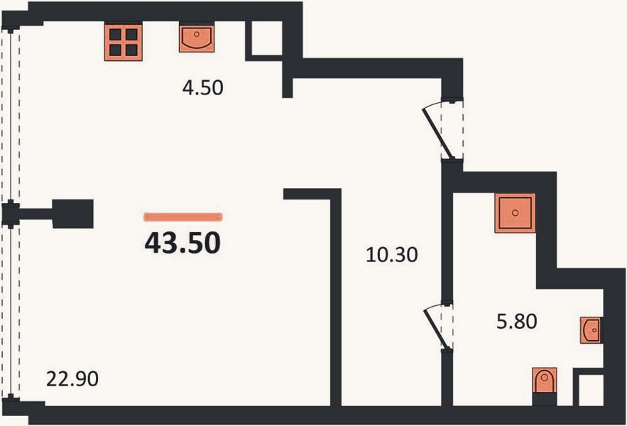 Планировка: Студия, 43,5 м²