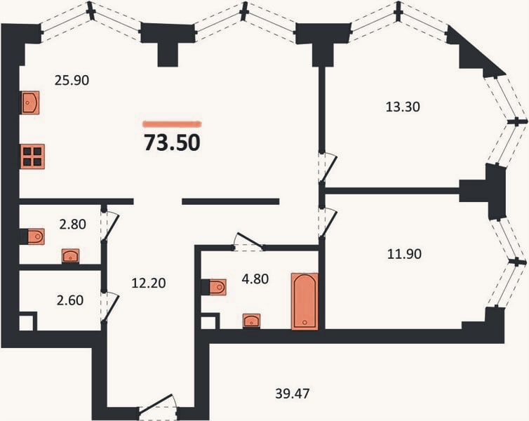 Планировка: 2-к, 73,5 м²