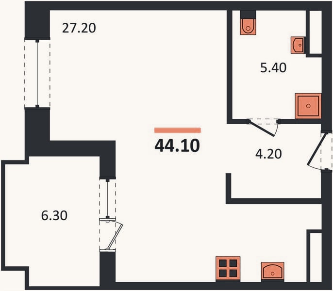 Планировка: Студия, 44,1 м²