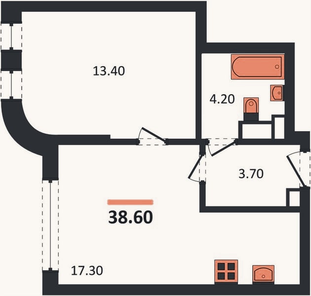 Планировка: 1-к, 38,6 м²