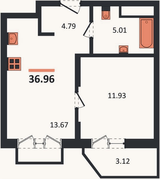 Планировка: 1-к, 37 м²