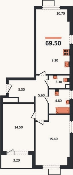 Планировка: 2-к, 69,5 м²
