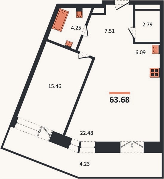 Планировка: 1-к, 63,7 м²