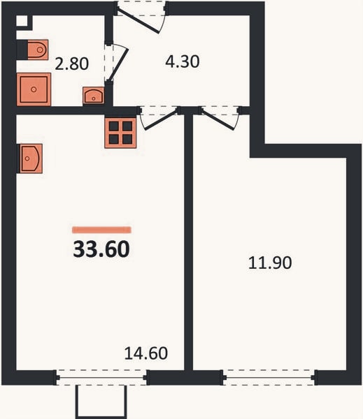 Планировка: 1-к, 33,6 м²