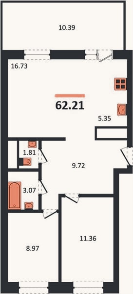 Планировка: 2-к, 62,2 м²