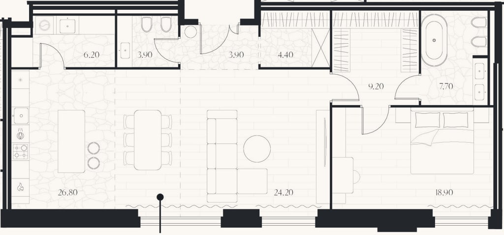 Планировка: 1-к, 105,3 м²