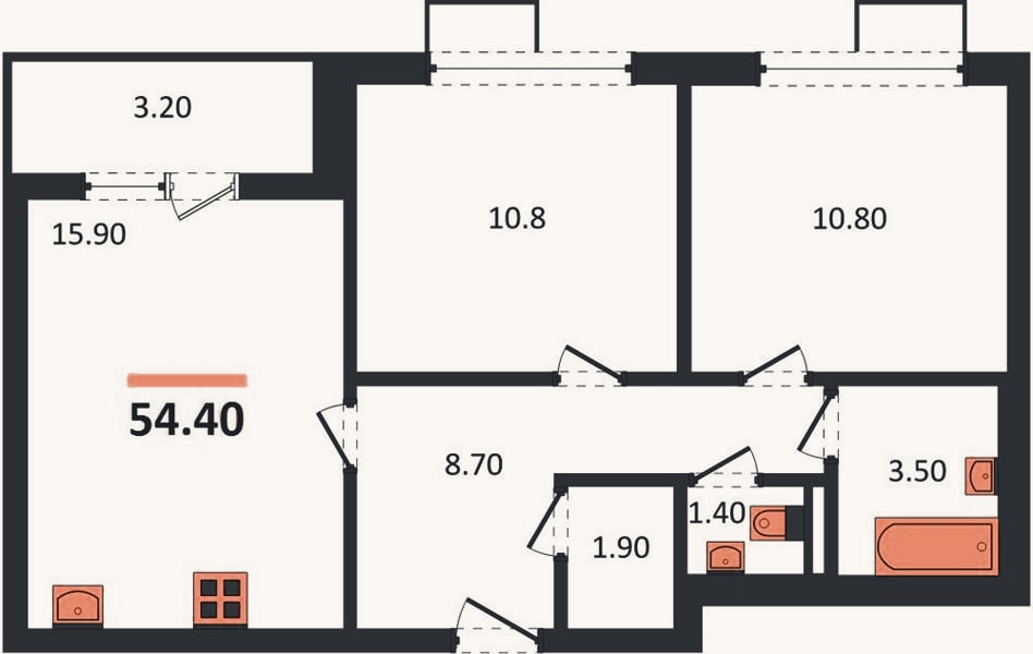 Планировка: 2-к, 54,4 м²