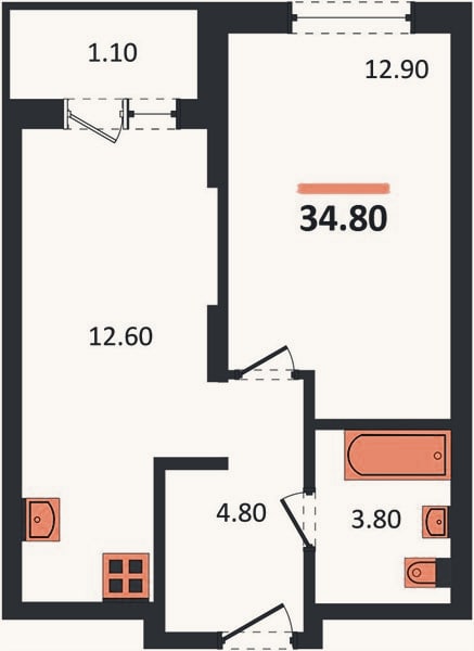 Планировка: 1-к, 34,8 м²