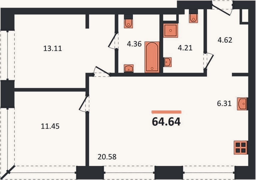 Планировка: 2-к, 64,6 м²