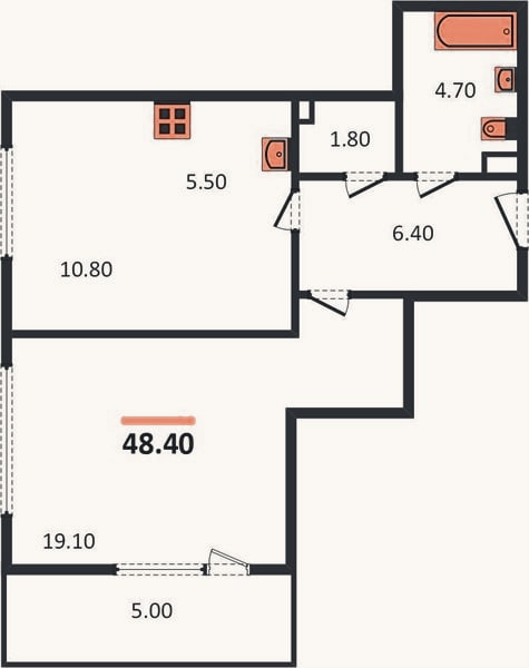 Планировка: 1-к, 48,4 м²