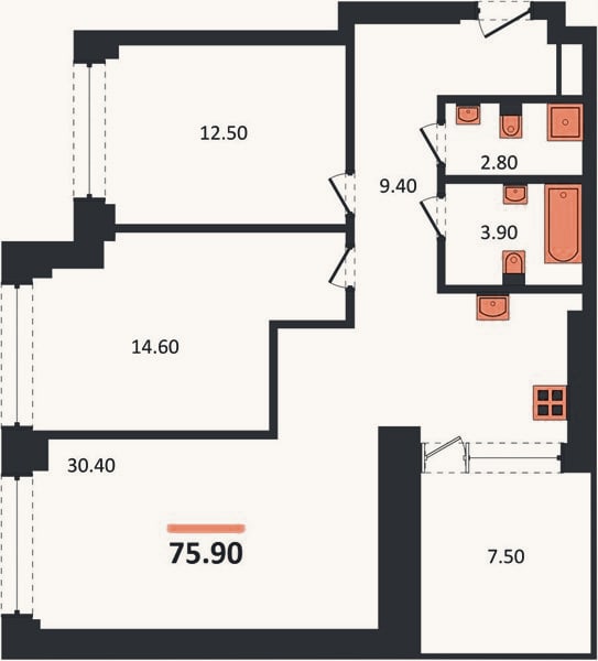 Планировка: 2-к, 75,9 м²