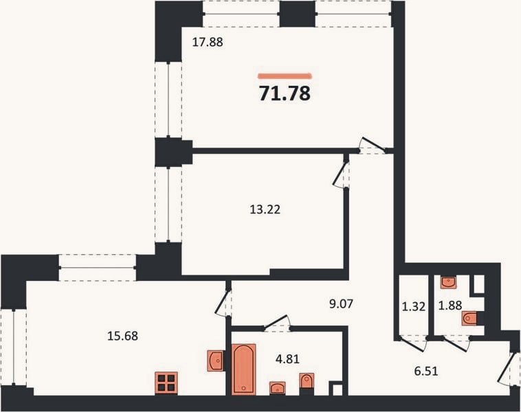 Планировка: 2-к, 71,8 м²
