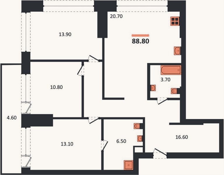 Планировка: 3-к, 88,8 м²