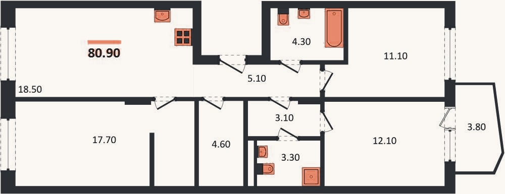 Планировка: 3-к, 80,9 м²