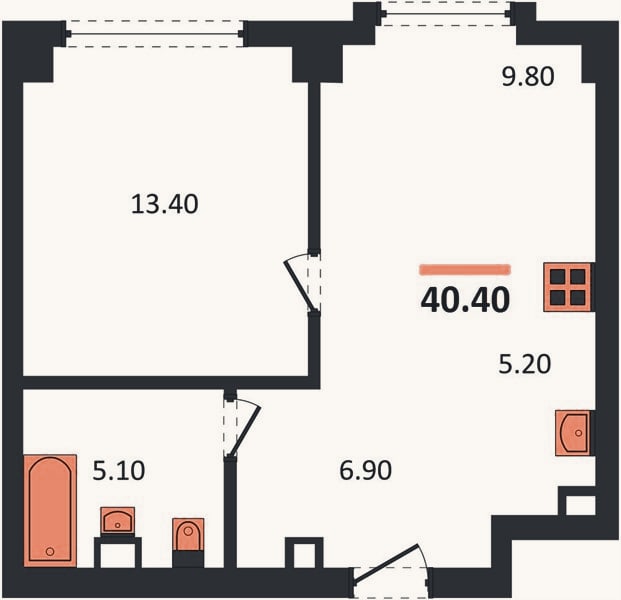 Планировка: 1-к, 40,4 м²