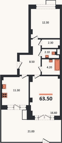 Планировка: 2-к, 63,5 м²