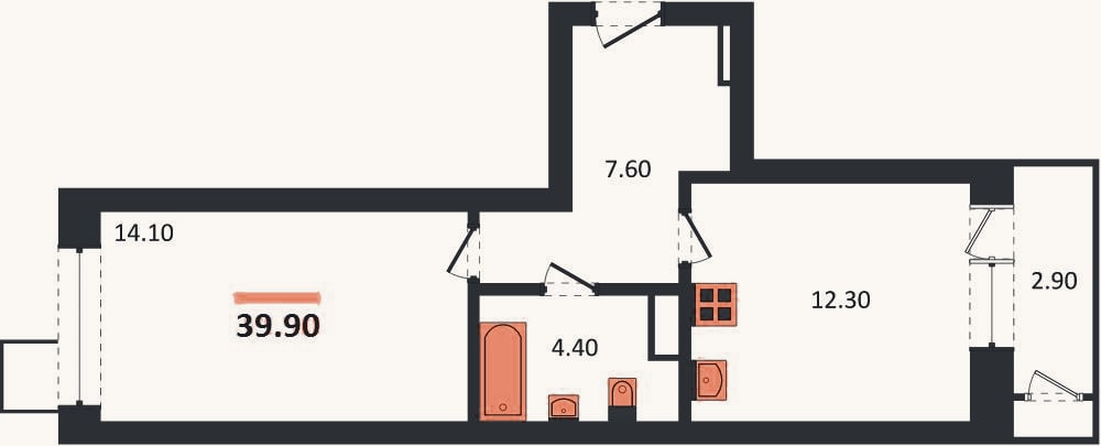 Планировка: 1-к, 39,9 м²