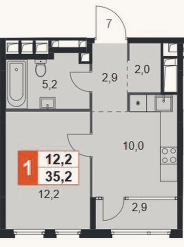 Планировка: 1-к, 35,2 м²