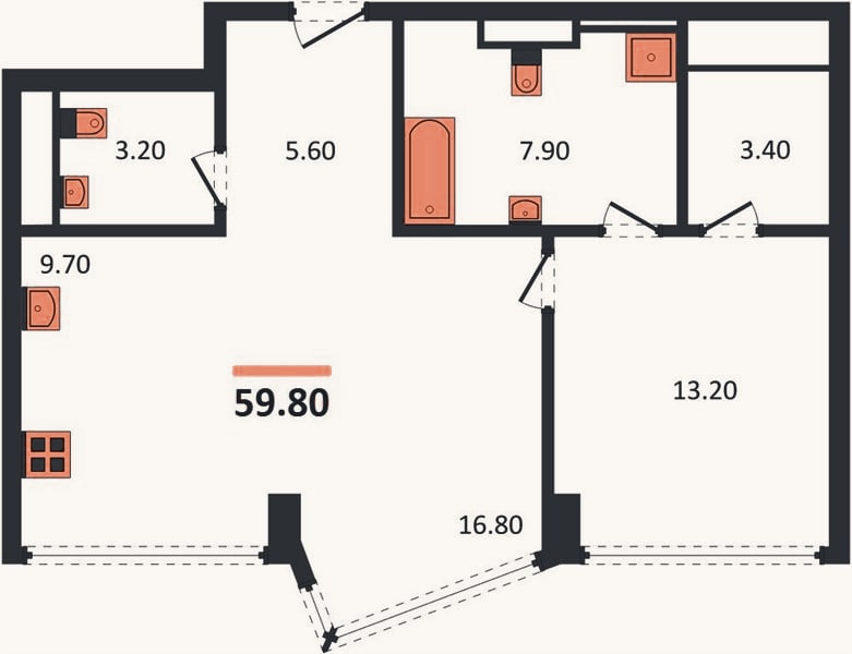 Планировка: 1-к, 59,8 м²