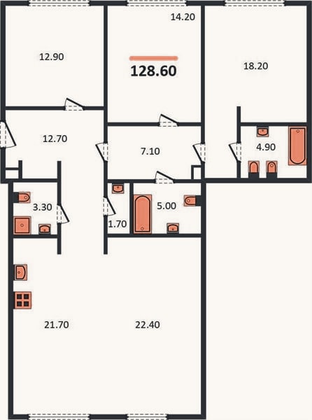 Планировка: 3-к, 126,6 м²