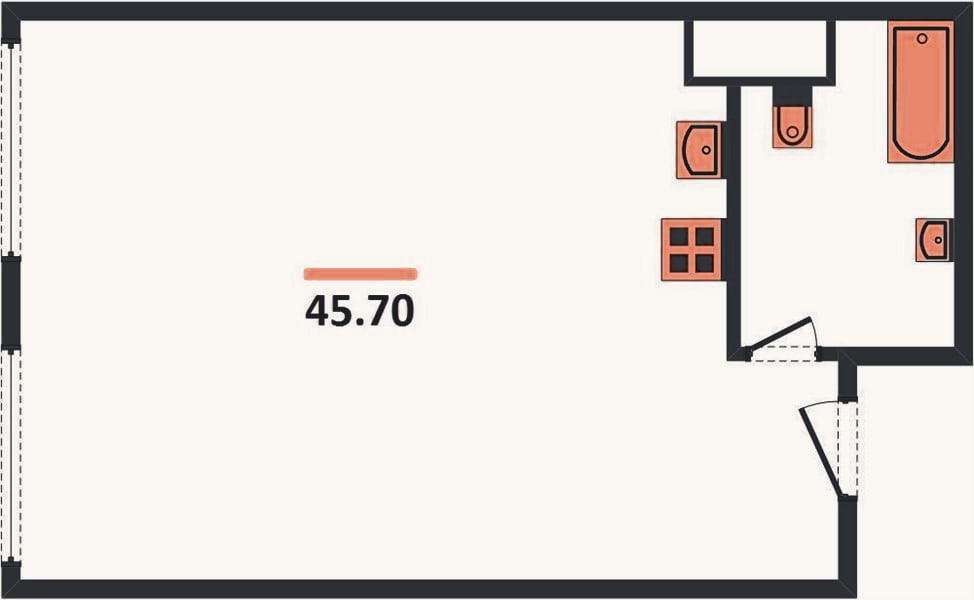 Планировка: 1-к, 45,7 м²