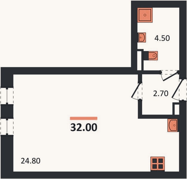 Планировка: Студия, 32 м²