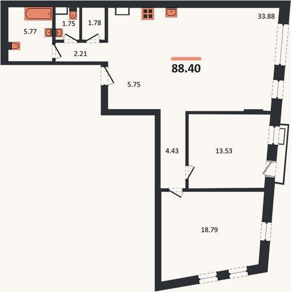 Планировка: 2-к, 88,4 м²