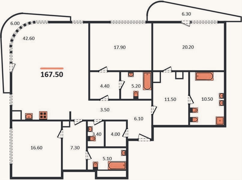 Планировка: 3-к, 167,5 м²