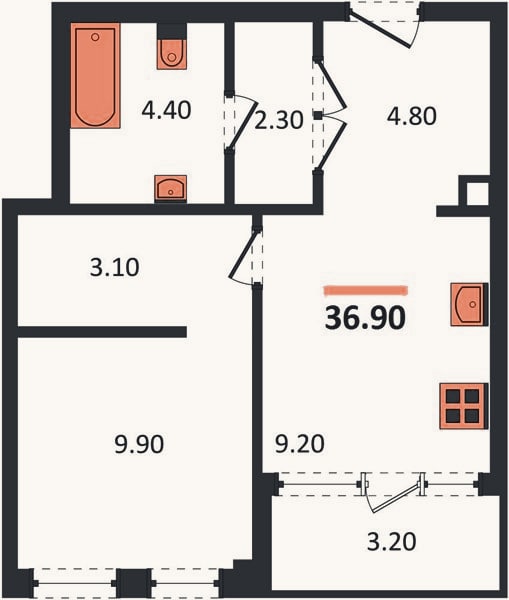 Планировка: 1-к, 36,9 м²