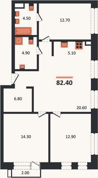 Планировка: 3-к, 82,4 м²