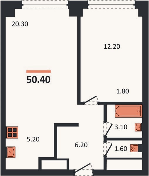 Планировка: 1-к, 50,4 м²