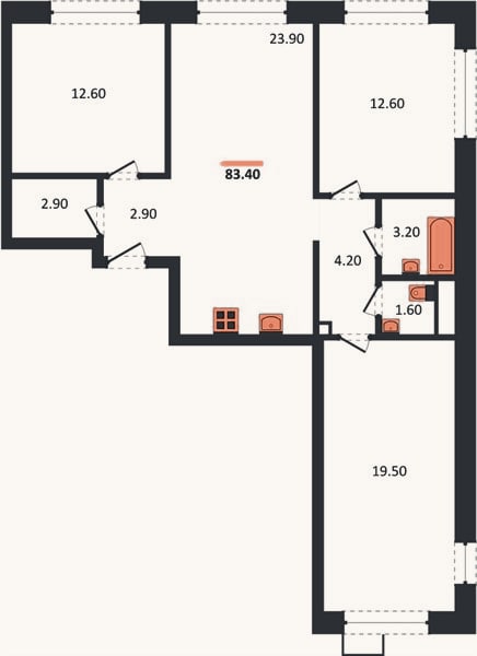 Планировка: 3-к, 83,4 м²