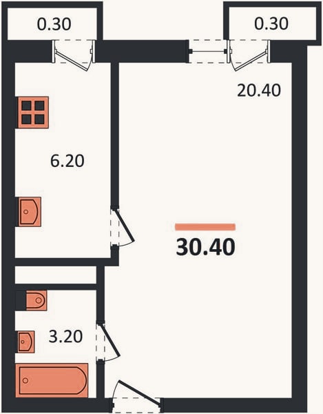 Планировка: 1-к, 30,4 м²