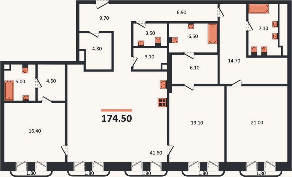Планировка: 3-к, 174,5 м²