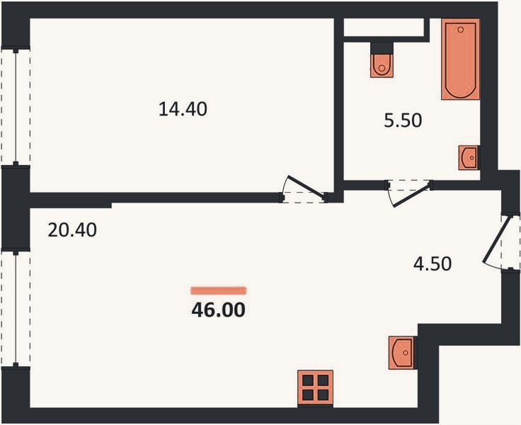 Планировка: 1-к, 46 м²