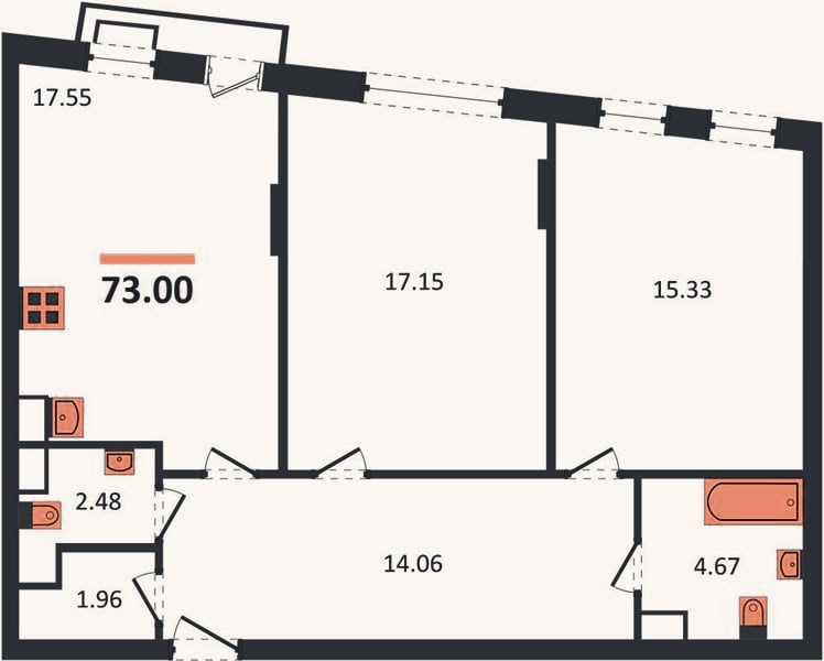 Планировка: 2-к, 73 м²